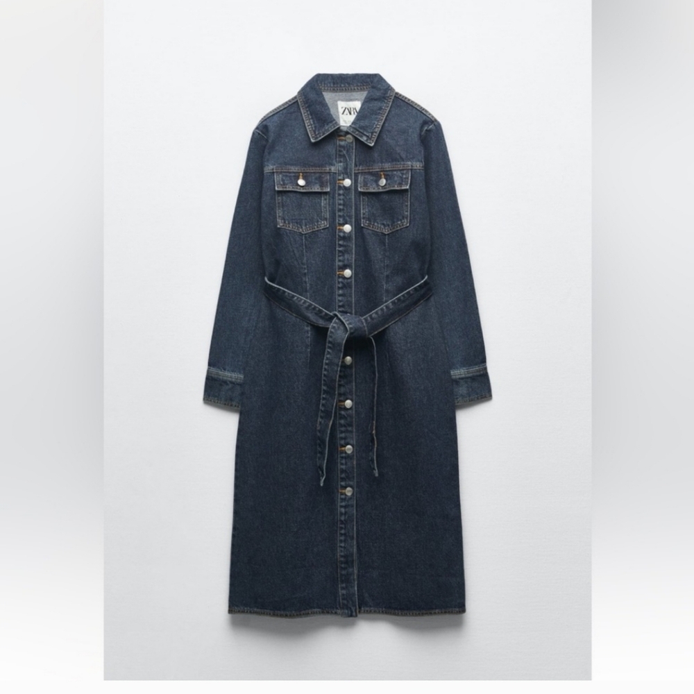 Zara Belted Button Front Denim Dress XS - Picture 8 of 15